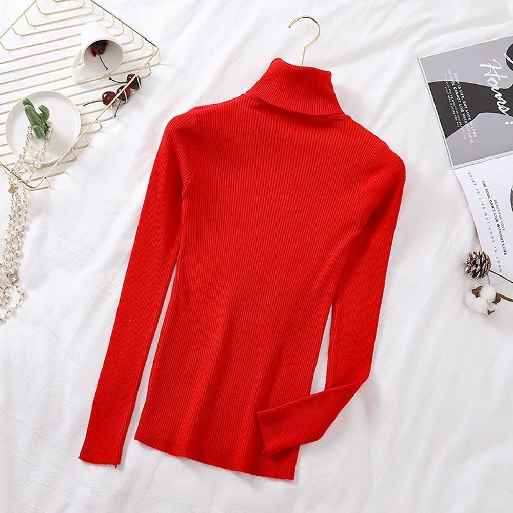 Autumn Winter Womens Ribbed Turtleneck Knit Sweater Slim Fit Soft Warm Pullover 23