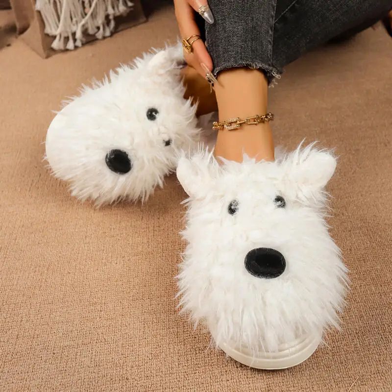Cartoon Puppy Fluffy Fur Winter Slippers Womens Warm Plush Thick Sole Indoor Mules 2