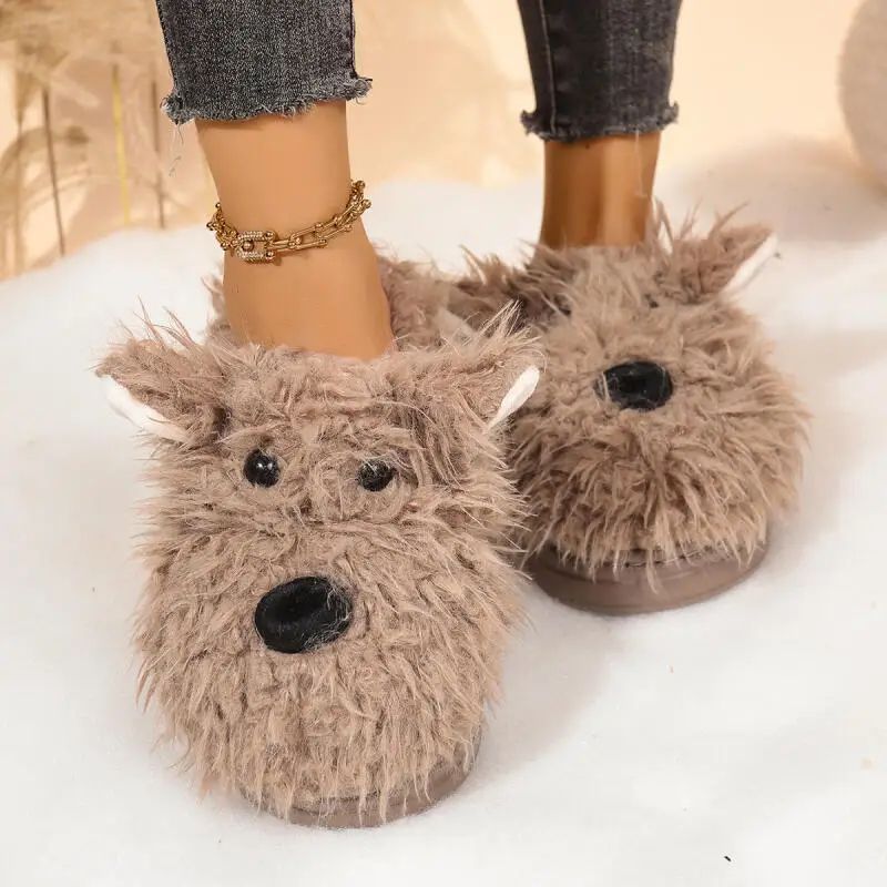 Cartoon Puppy Fluffy Fur Winter Slippers Womens Warm Plush Thick Sole Indoor Mules 1