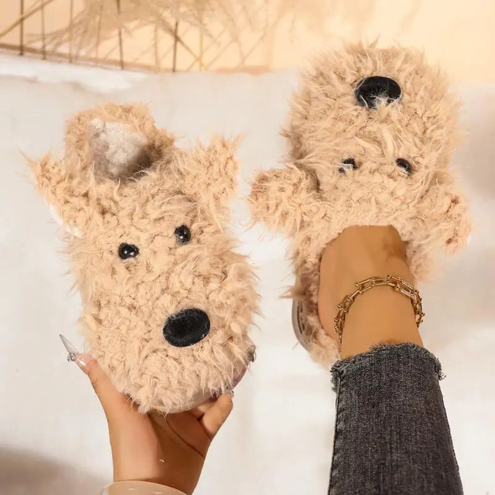 Cartoon Puppy Fluffy Fur Winter Slippers Womens Warm Plush Thick Sole Indoor Mules 5