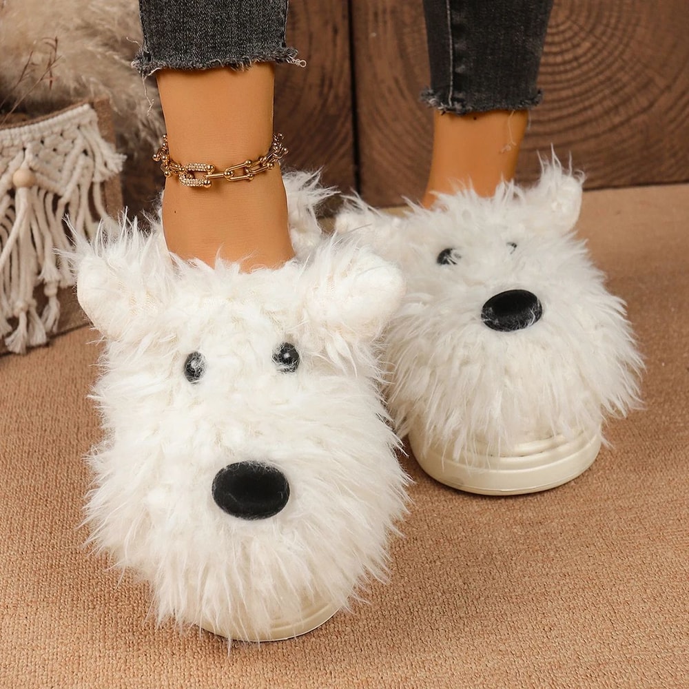 Cartoon Puppy Fluffy Fur Winter Slippers Womens Warm Plush Thick Sole Indoor Mules 8