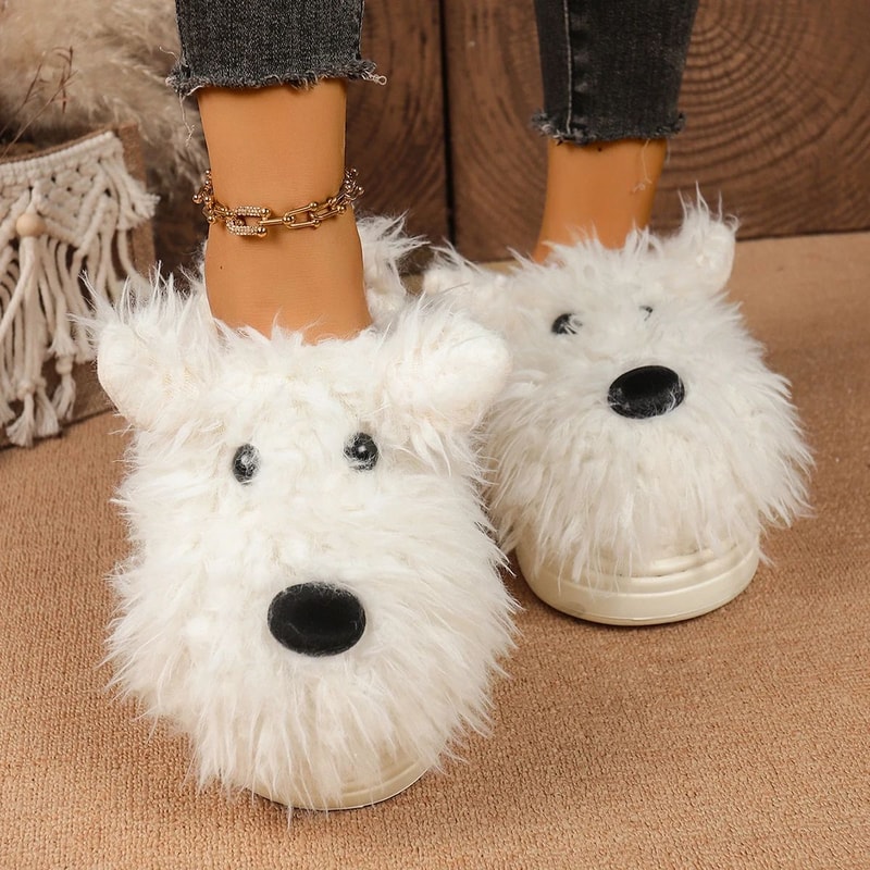 Cartoon Puppy Fluffy Fur Winter Slippers Womens Warm Plush Thick Sole Indoor Mules 8