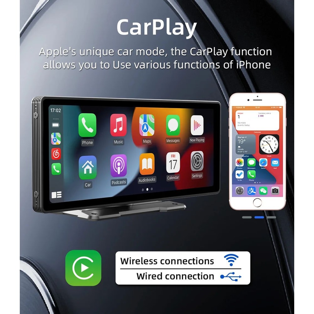 BQCC 1026in Portable Wireless CarPlay Android Auto Screen HD Touchscreen Car Stereo With Backup C 1