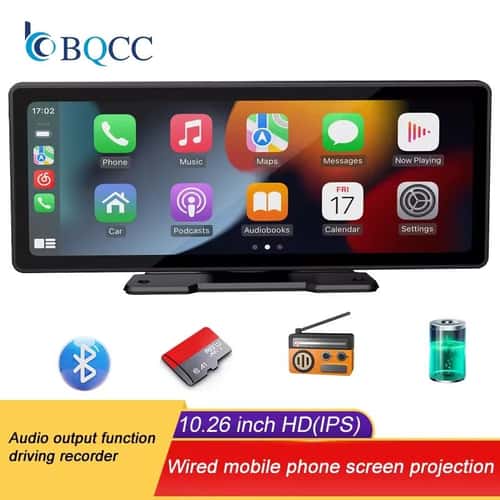 BQCC 10.26in Portable Wireless CarPlay & Android Auto Screen – HD Touchscreen Car Stereo with Backup Camera