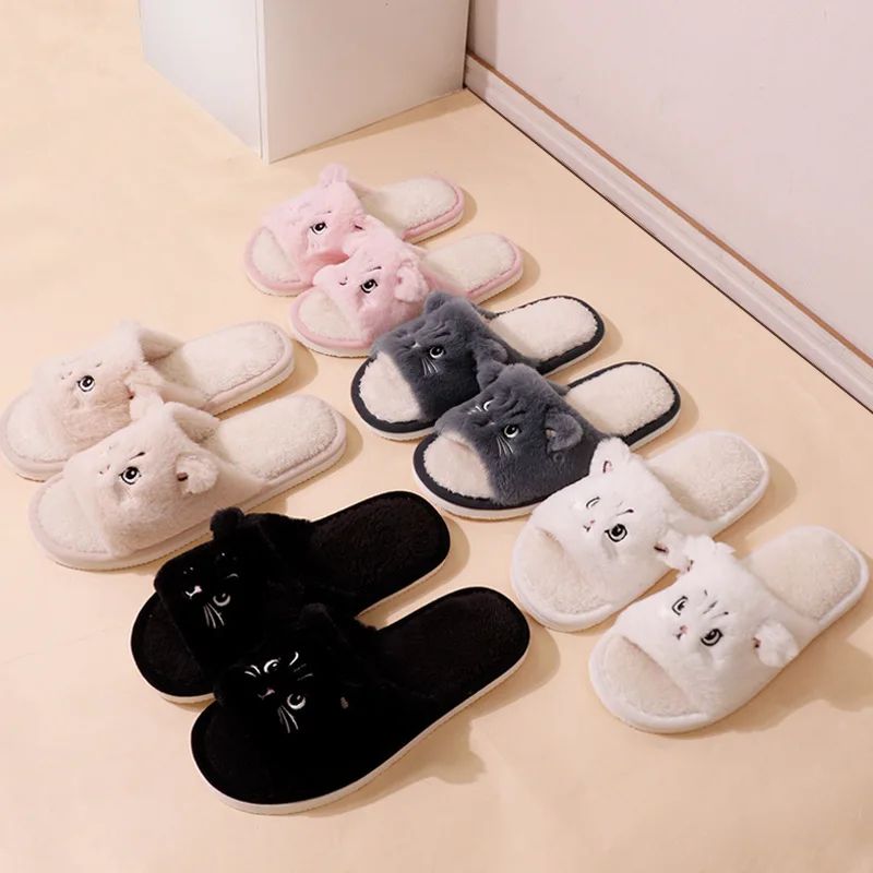 Cute Cartoon Cat Plush Fur Slippers Womens Open Toe NonSlip Indoor House Slides 4