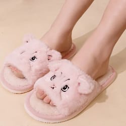 cute cartoon cat plush fur slippers – women's open toe non-slip indoor house slides