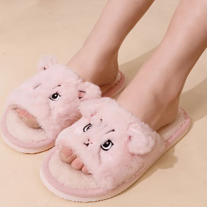 Cute Cartoon Cat Plush Fur Slippers Womens Open Toe NonSlip Indoor House Slides 0