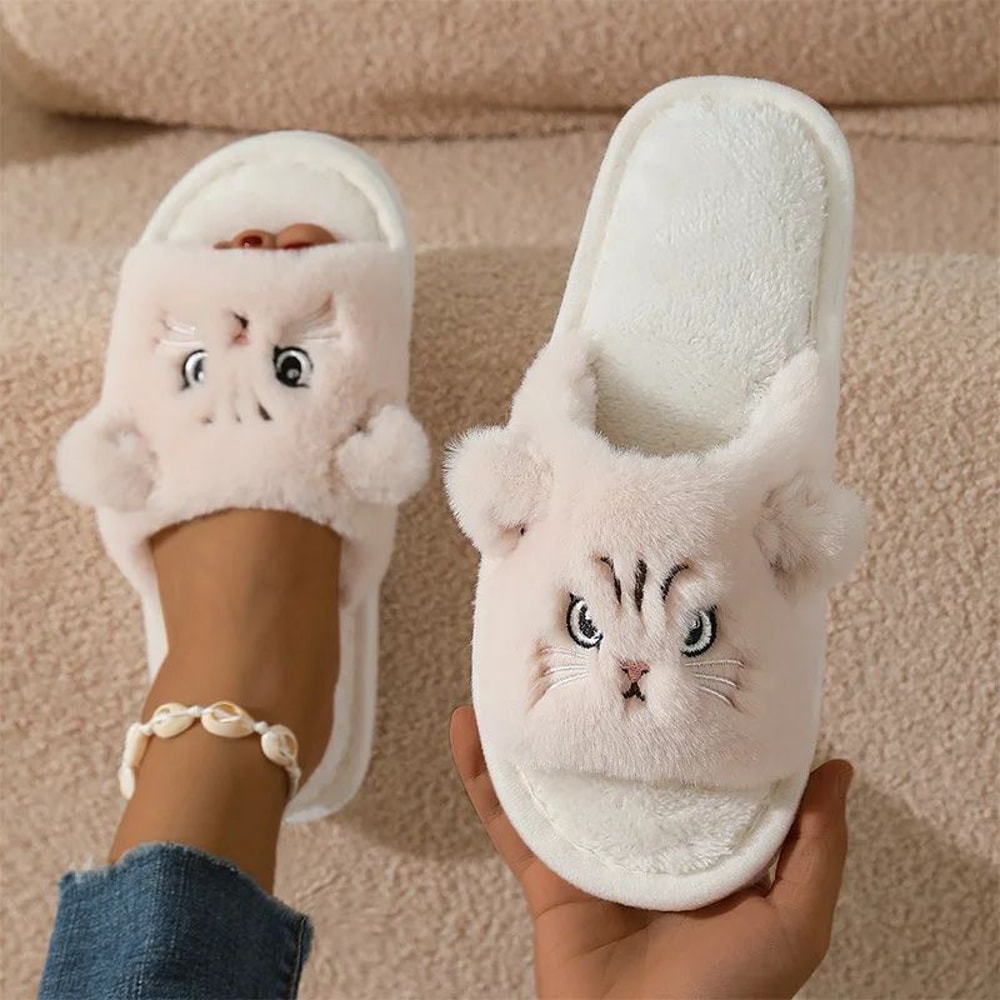 Cute Cartoon Cat Plush Fur Slippers Womens Open Toe NonSlip Indoor House Slides 8