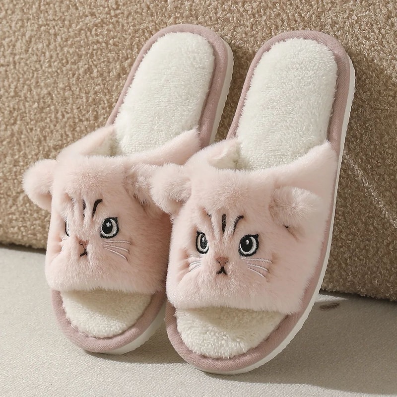 Cute Cartoon Cat Plush Fur Slippers Womens Open Toe NonSlip Indoor House Slides 9