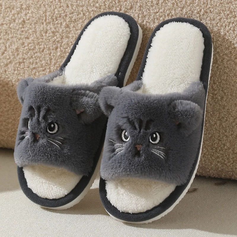 Cute Cartoon Cat Plush Fur Slippers Womens Open Toe NonSlip Indoor House Slides 7