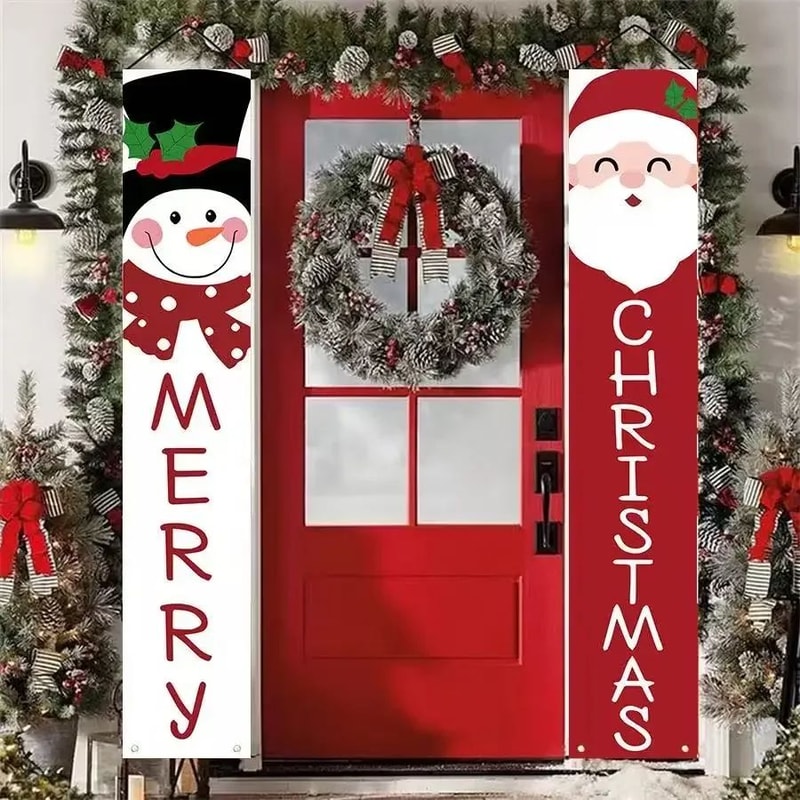 Runtow Christmas Door Banner Set 2pcs Santa Snowman Merry Christmas Hanging Decor 0