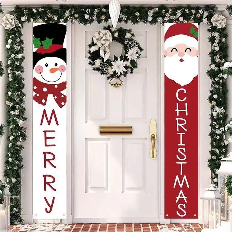 Runtow Christmas Door Banner Set 2pcs Santa Snowman Merry Christmas Hanging Decor 3