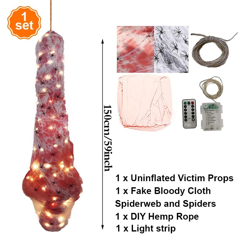 Haunted Cocoon Corpse Hanging Decoration With LED String Lights Scary Halloween Dead Body Prop 7