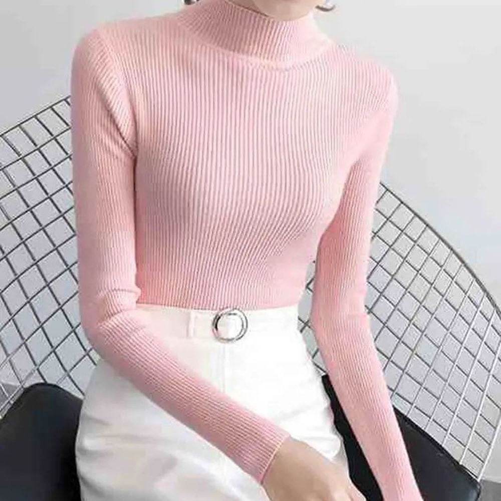 Womens Mock Neck Knit Sweater Slim Fit Vintage Korean Style Pullover 10