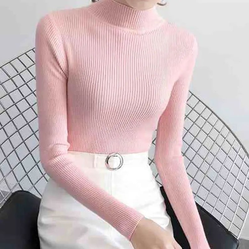 Womens Mock Neck Knit Sweater Slim Fit Vintage Korean Style Pullover 10