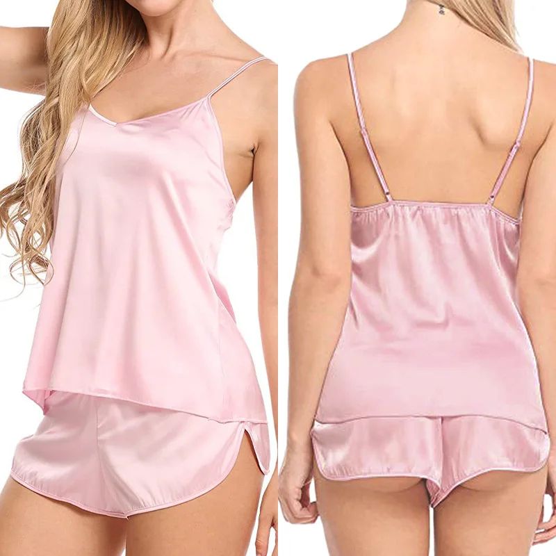 Silky Satin Cami Pajama Set For Women Sexy Sleeveless Lingerie Sleepwear With Shorts 6