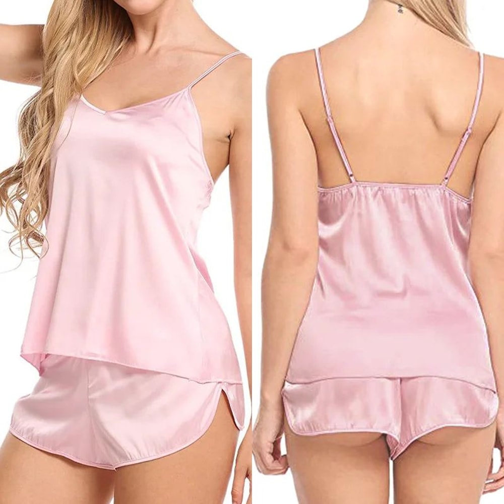 Silky Satin Cami Pajama Set For Women Sexy Sleeveless Lingerie Sleepwear With Shorts 0