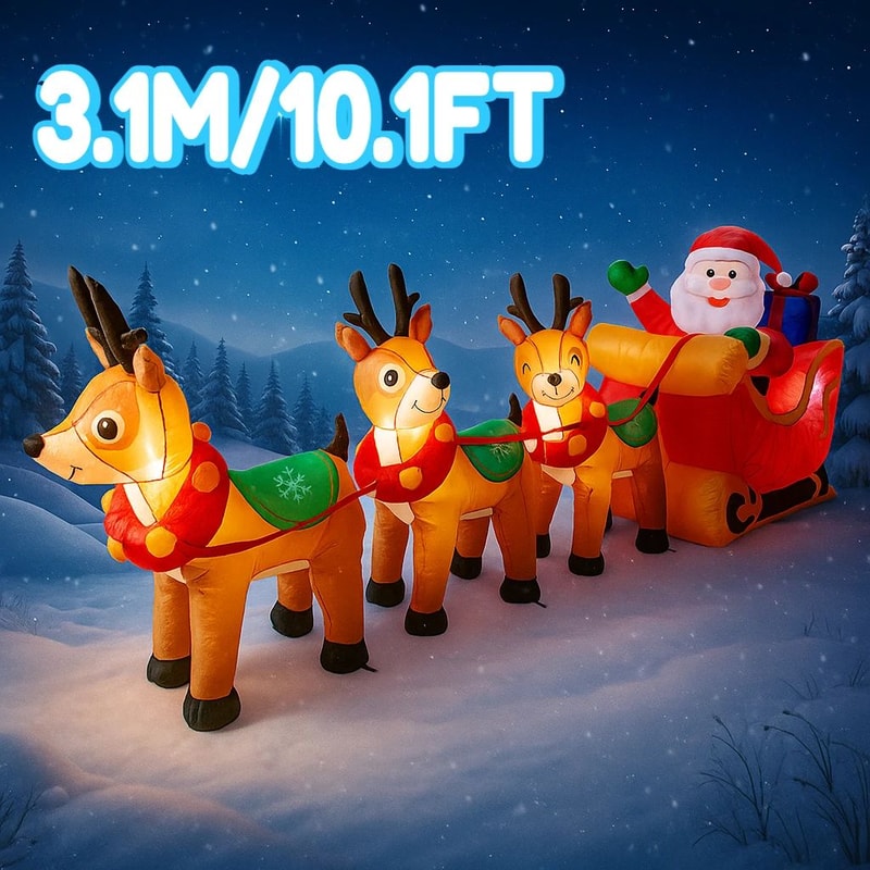 101ft Christmas Inflatable Santa Sleigh With Reindeer LED Lights Outdoor Yard Holiday Decoration 3