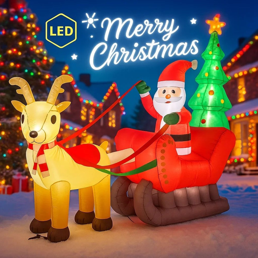 787ft Christmas Inflatable Santa Sleigh With Reindeer LED Lights Outdoor Yard Holiday Decoration 2