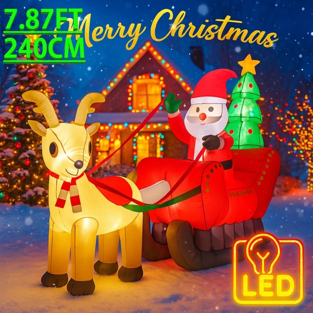 787ft Christmas Inflatable Santa Sleigh With Reindeer LED Lights Outdoor Yard Holiday Decoration 6