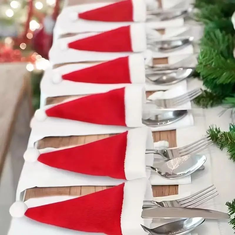 Mini Santa Hat Cutlery Holders Christmas Tableware Fork Knife Decoration Bags 0