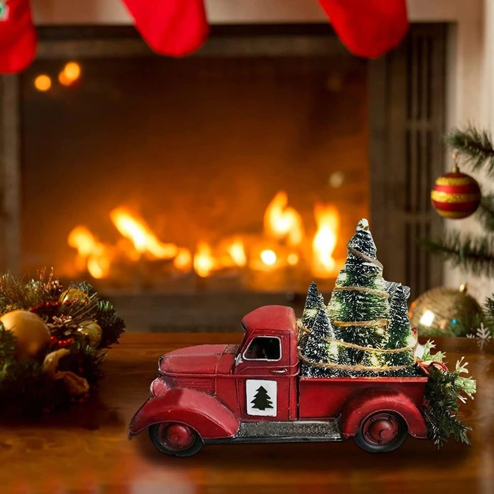 Retro Red Truck Christmas Table Ornament With Mini Tree Vintage Holiday Metal Decoration 2