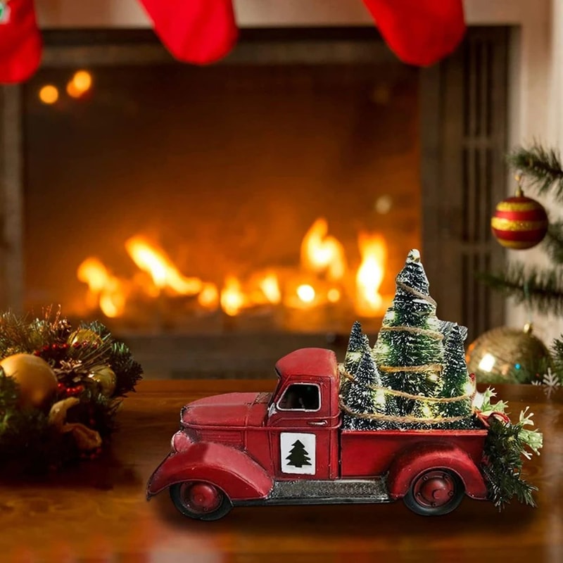 Retro Red Truck Christmas Table Ornament With Mini Tree Vintage Holiday Metal Decoration 2