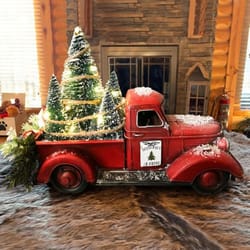 retro red truck christmas table ornament with mini tree – vintage holiday metal decoration