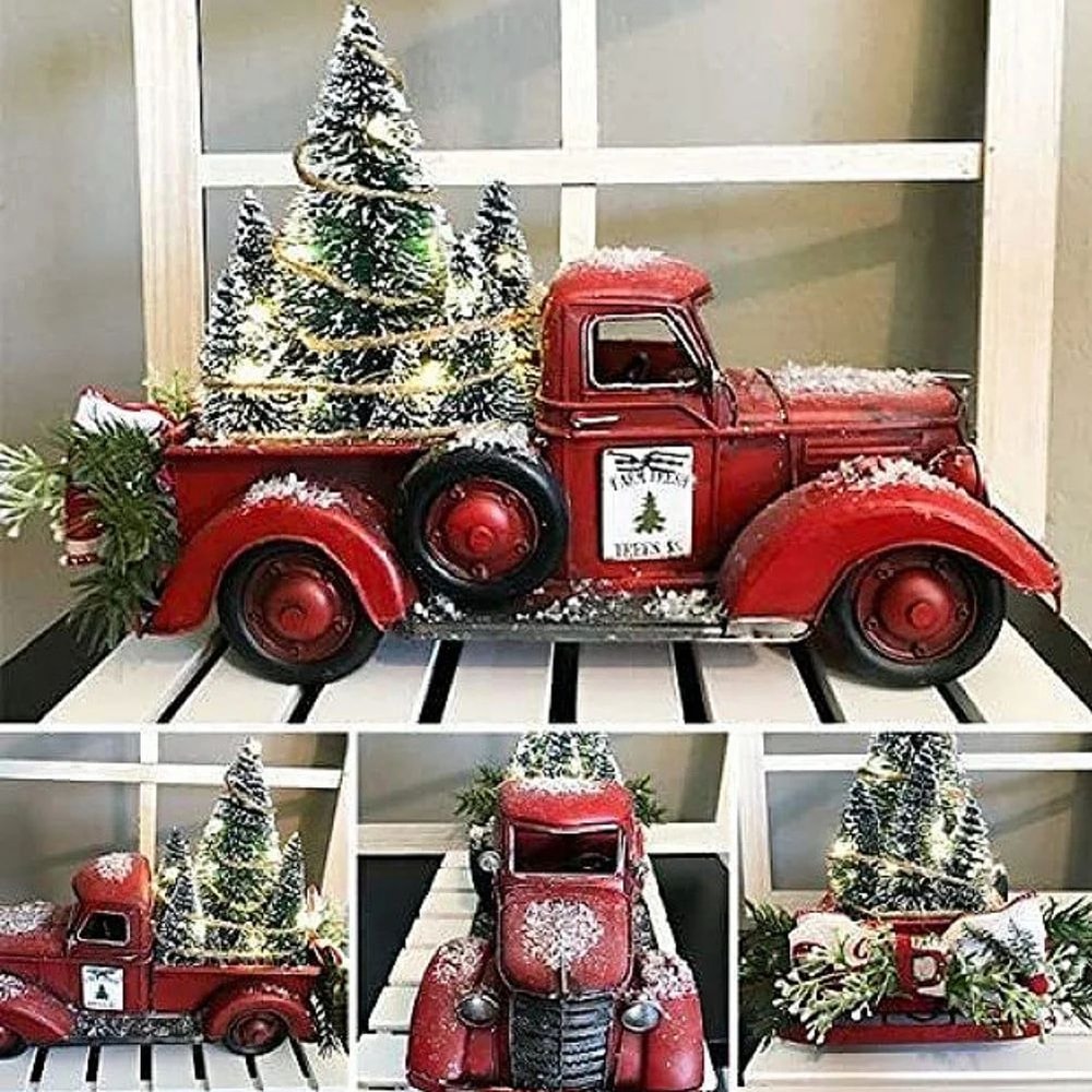 Retro Red Truck Christmas Table Ornament With Mini Tree Vintage Holiday Metal Decoration 4