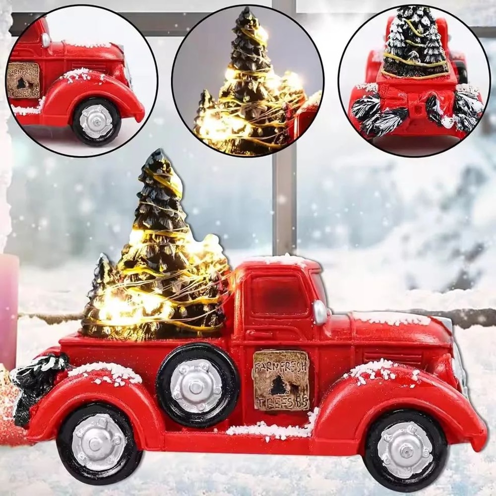 Retro Red Truck Christmas Table Ornament With Mini Tree Vintage Holiday Metal Decoration 6