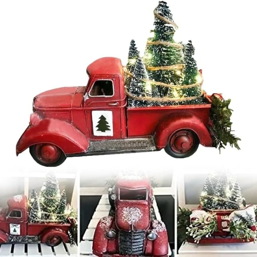 Retro Red Truck Christmas Table Ornament With Mini Tree Vintage Holiday Metal Decoration 8