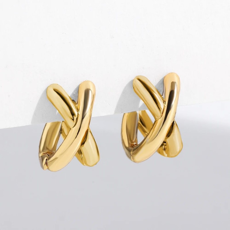 Punk Gold Silver CrissCross Huggie Hoop Earrings Geometric Mixed Metal Ear Bone Jewelry 6