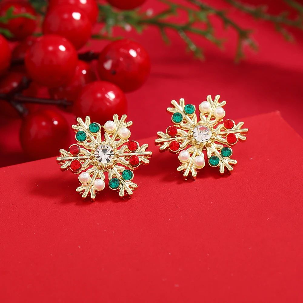 Christmas Rhinestone Snowflake Elk Stud Earrings Pearl Holiday Jewelry For Women 1