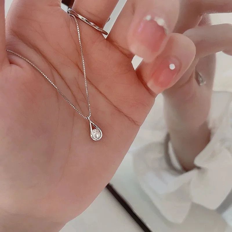 925 Sterling Silver Zircon Water Drop Necklace Minimalist Geometric Collarbone Chain For Women 3
