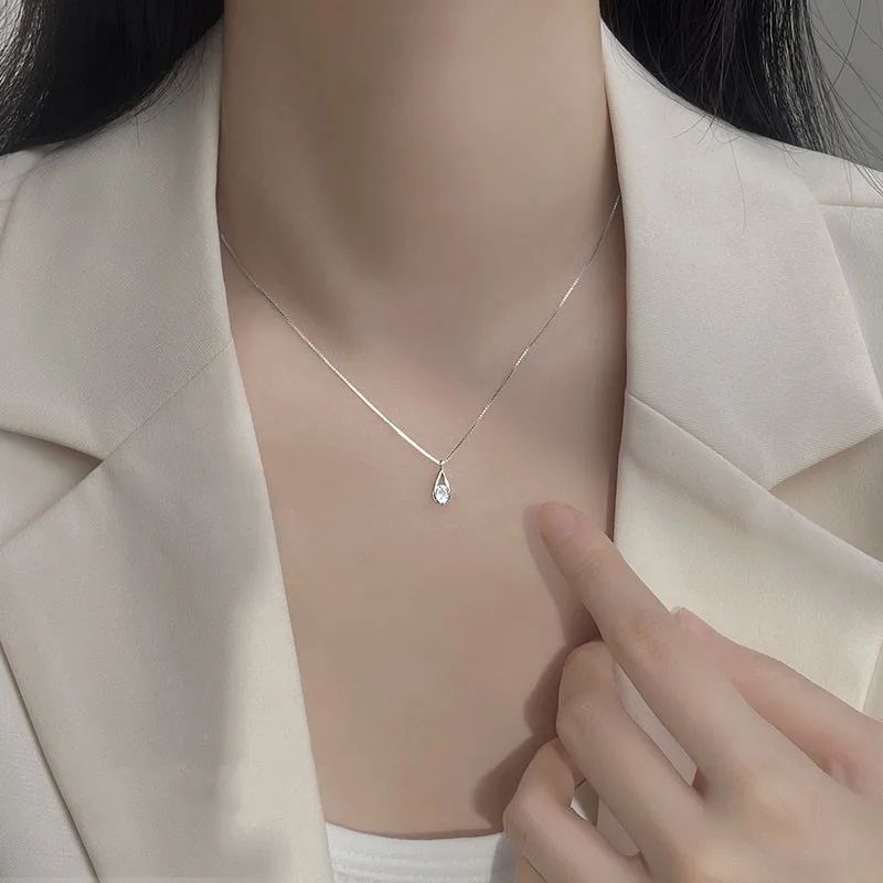 925 Sterling Silver Zircon Water Drop Necklace Minimalist Geometric Collarbone Chain For Women 2