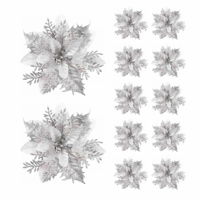 Glitter Christmas Flower Tree Ornaments Artificial Poinsettia Decorations For Holiday Home Decor 8