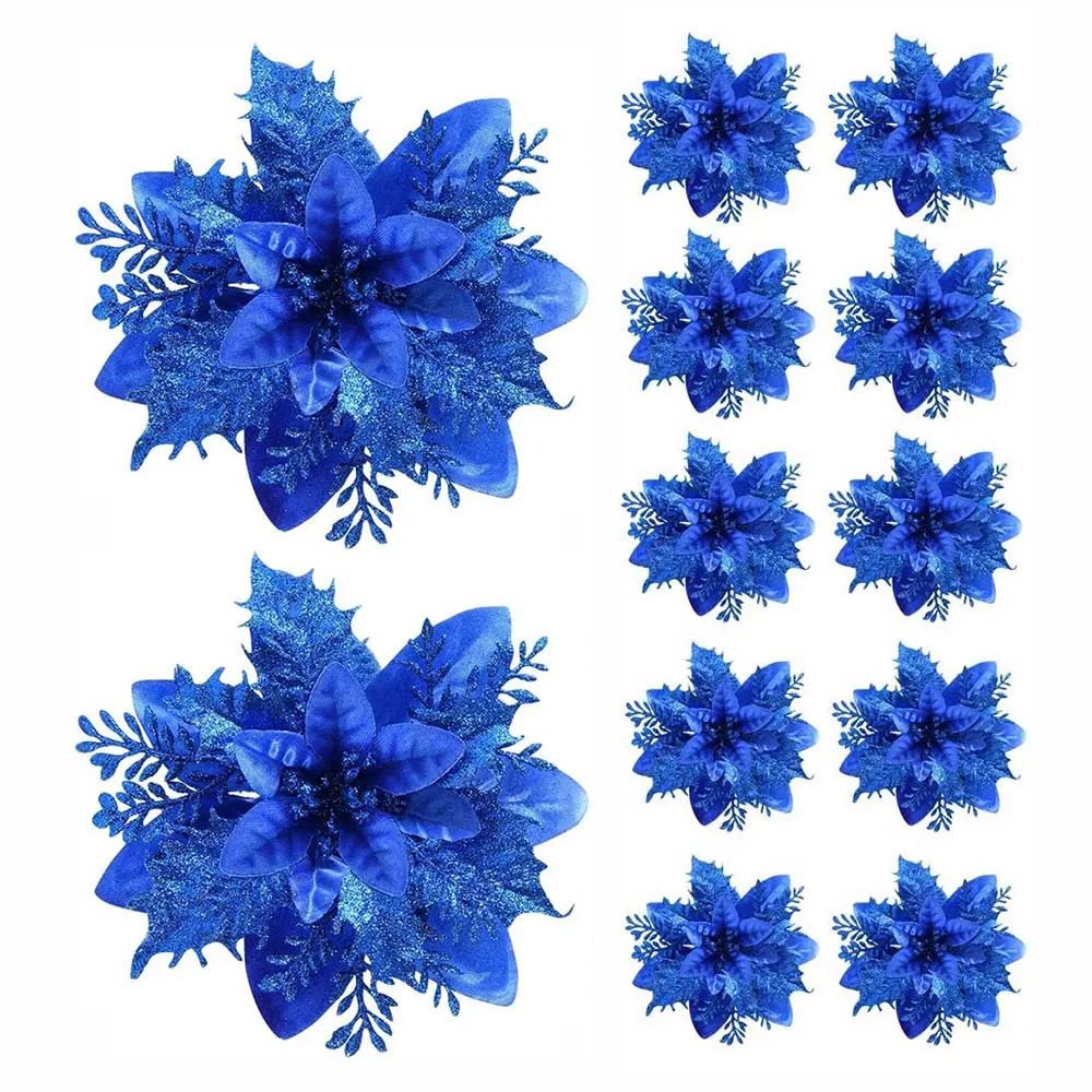 Glitter Christmas Flower Tree Ornaments Artificial Poinsettia Decorations For Holiday Home Decor 11