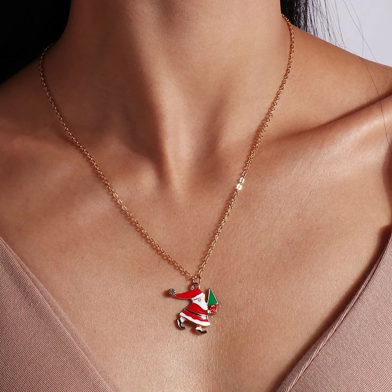 Enamel Christmas Pendant Necklace Santa Tree Bell Holiday Jewelry For Women 18
