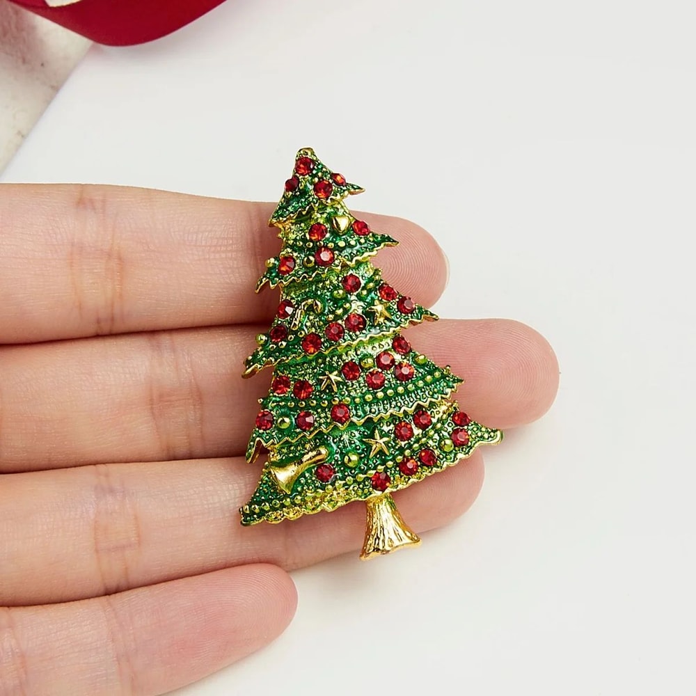 Christmas Tree Rhinestone Brooch Pin Green Enamel Holiday Star Jewelry Badge 1