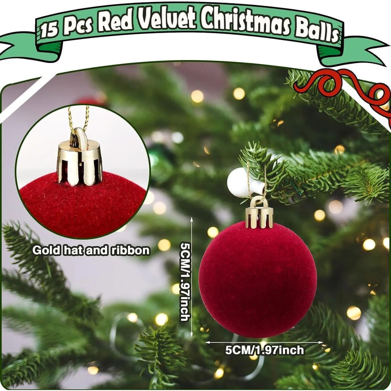 Wine Red Velvet Flocked Christmas Ball Ornaments Luxury Xmas Tree Hanging Decorations For Holiday 3