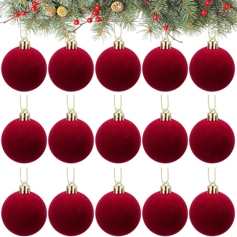 Wine Red Velvet Flocked Christmas Ball Ornaments Luxury Xmas Tree Hanging Decorations For Holiday 4