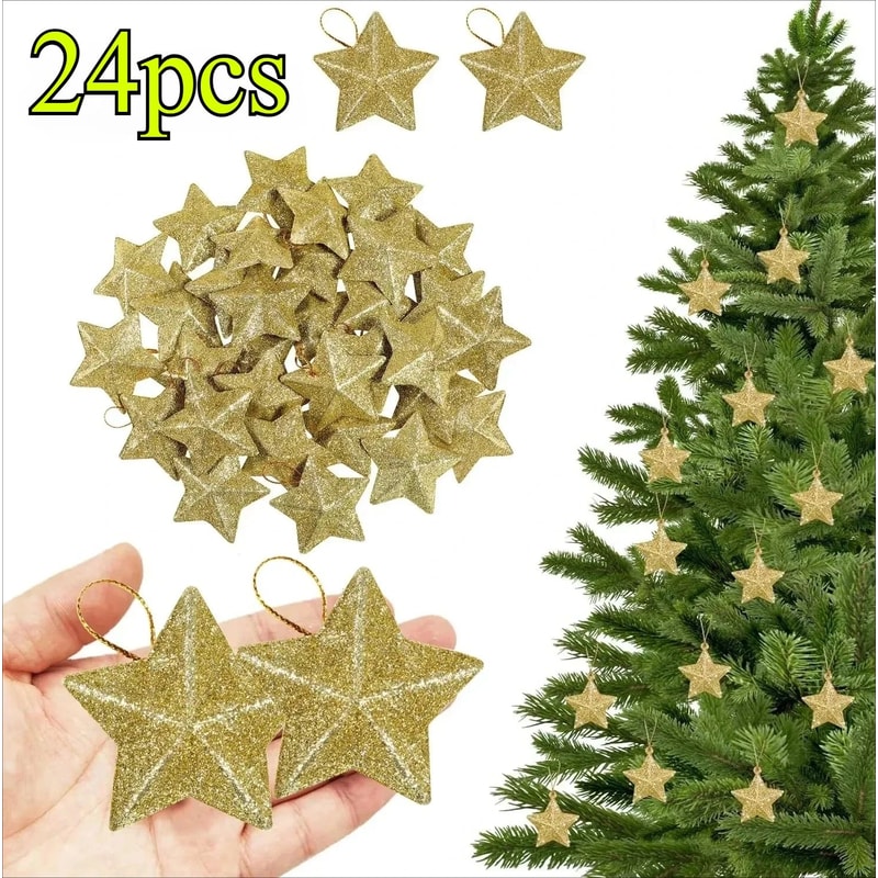 24pcs Gold Glitter Star Christmas Ornaments Sparkling Hanging Tree Decorations For Holiday Party 0