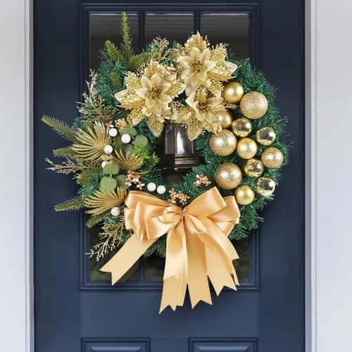 Christmas Wreath with Lantern & Large Bow – Festive Front Door Garland Holiday Wall Decoration