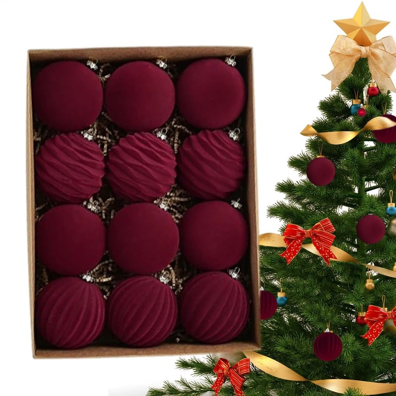 Wine Red Flocked Christmas Ball Ornaments Set Velvet Xmas Tree Hanging Decorations For Holiday Hom 4