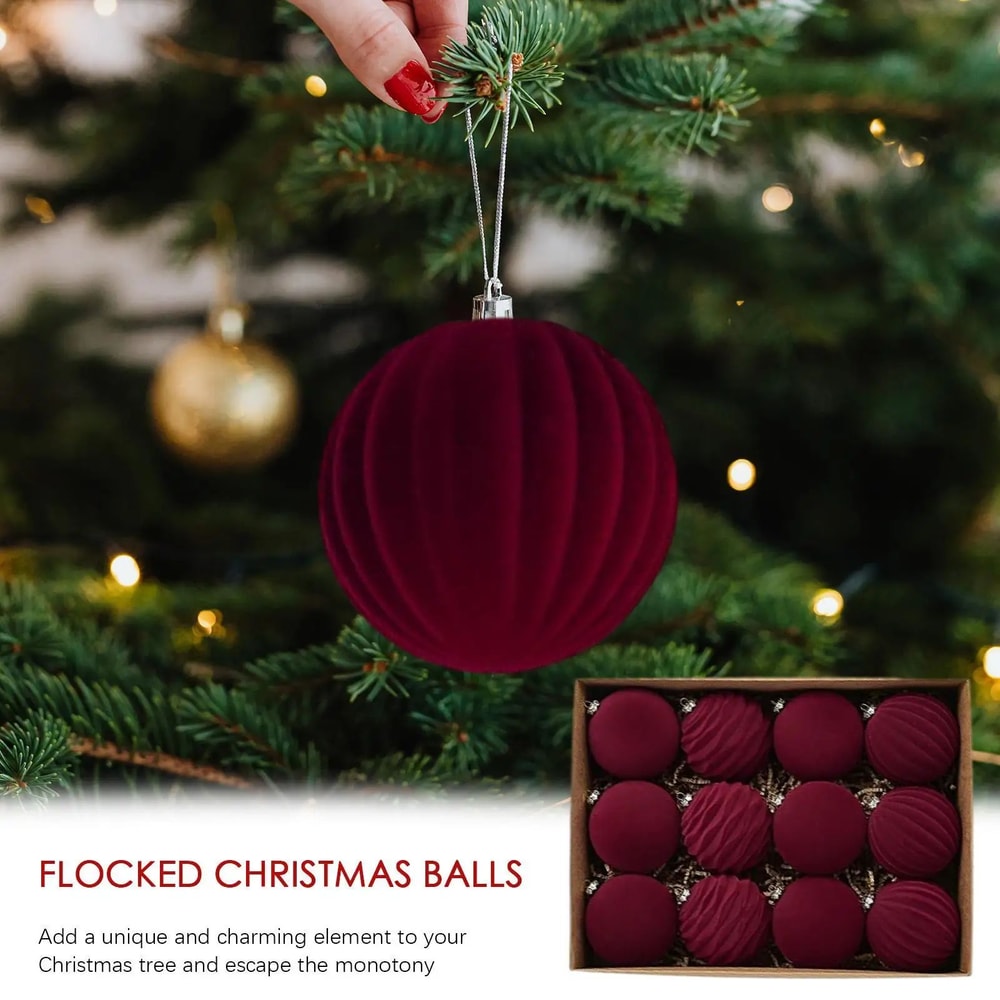 Wine Red Flocked Christmas Ball Ornaments Set Velvet Xmas Tree Hanging Decorations For Holiday Hom 5