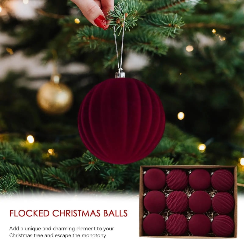 Wine Red Flocked Christmas Ball Ornaments Set Velvet Xmas Tree Hanging Decorations For Holiday Hom 5