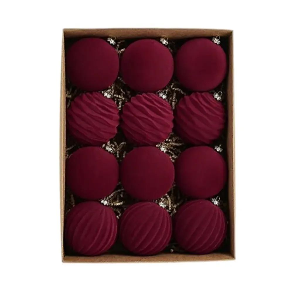 Wine Red Flocked Christmas Ball Ornaments Set Velvet Xmas Tree Hanging Decorations For Holiday Hom 7