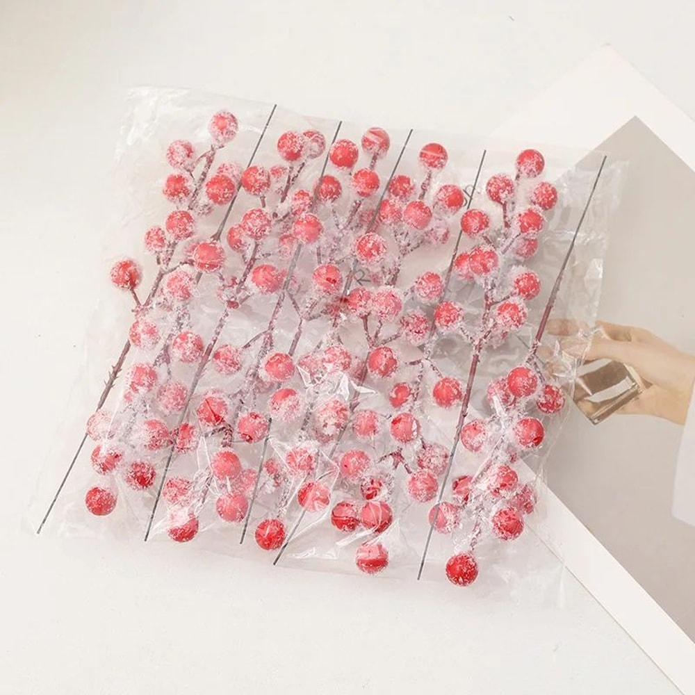Snow Frosted Artificial Red Holly Berry Stems Christmas Berry Picks For Tree Wreath Holiday DIY D 6