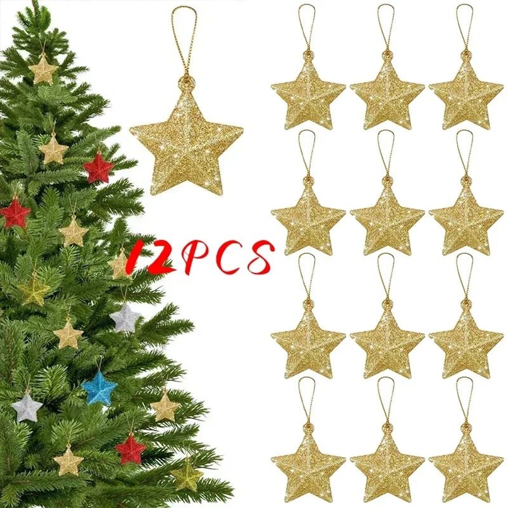 Gold Glitter Star Christmas Tree Ornaments FivePoint Hanging Star Decorations For Holiday Home Dec 5