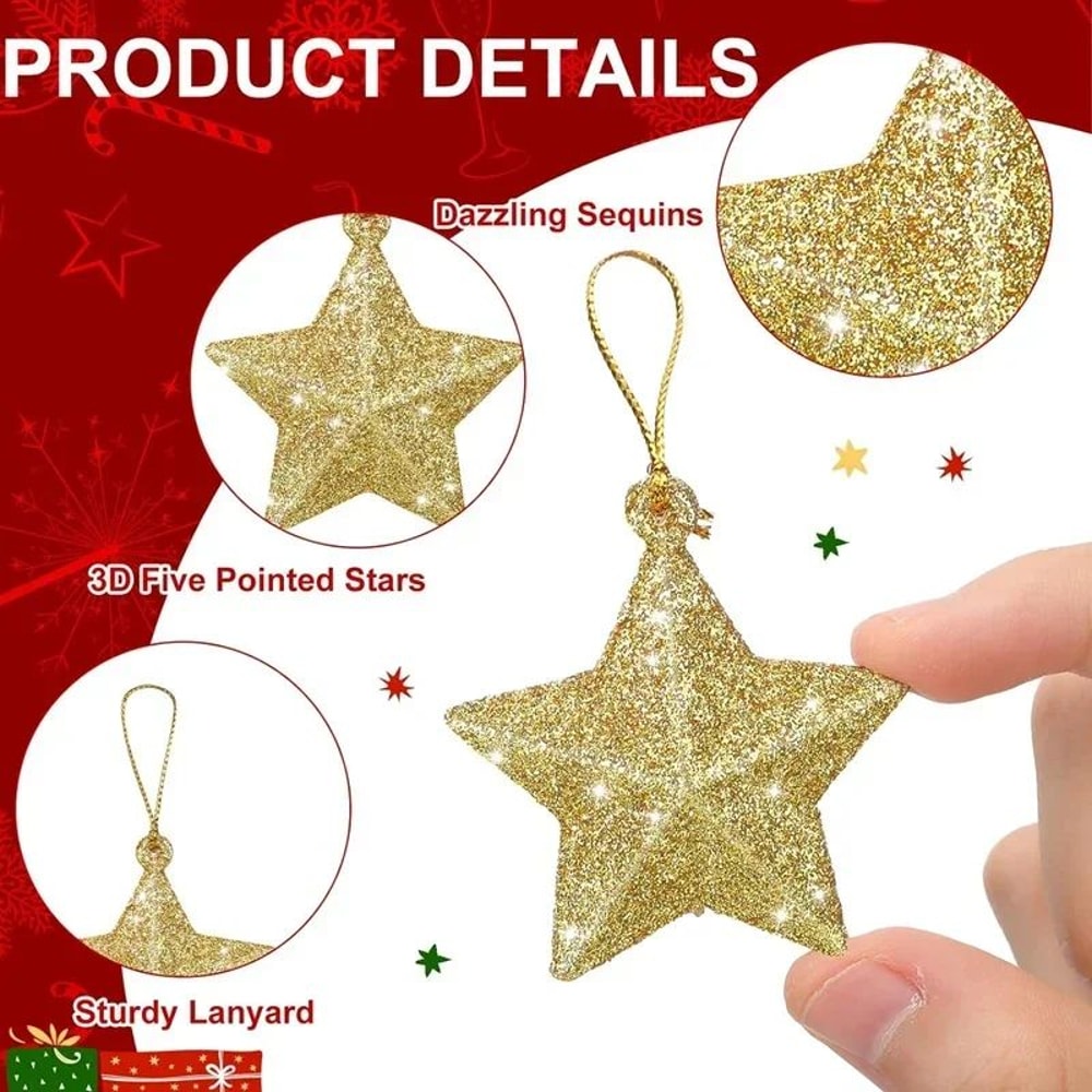 Gold Glitter Star Christmas Tree Ornaments FivePoint Hanging Star Decorations For Holiday Home Dec 4